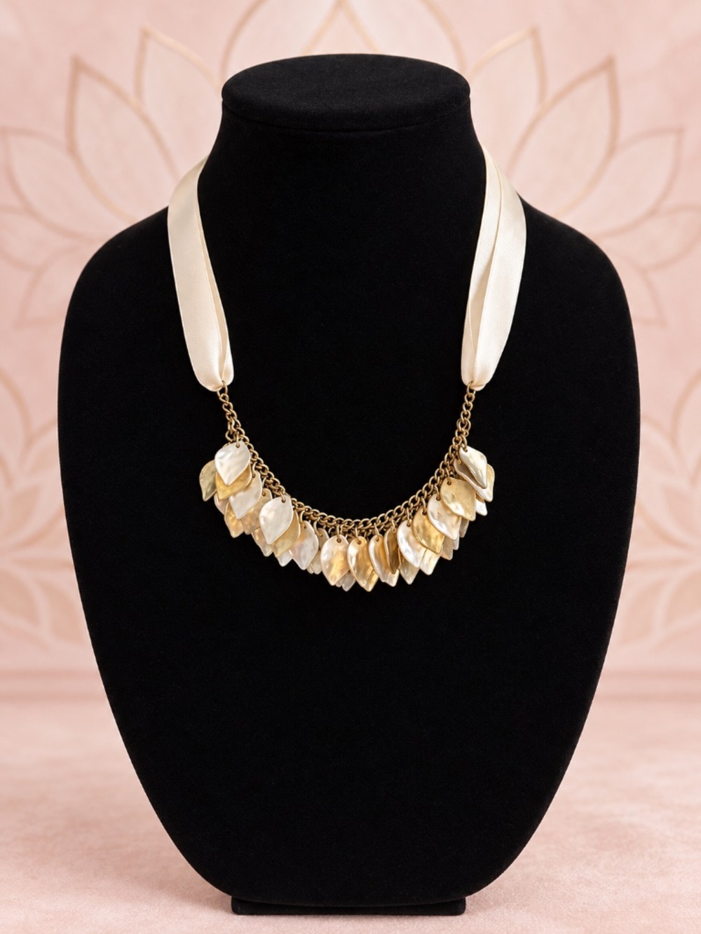 Ivory Ribbon Tie Statement Necklace with Layered Leaf Drops